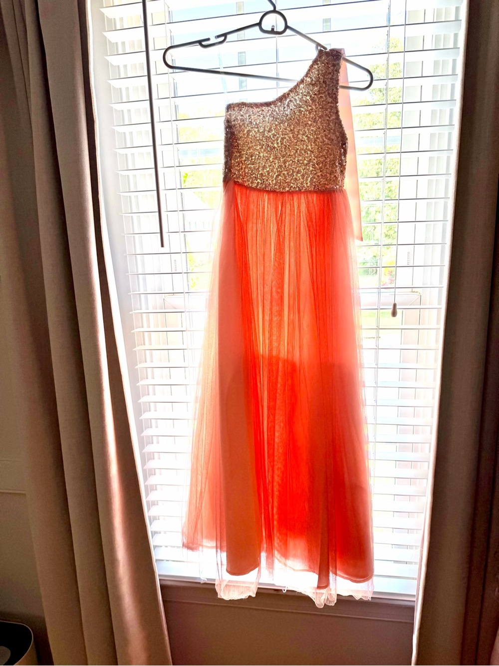 Sequin Bodice One-Shoulder Coral Tulle Girls Dress
